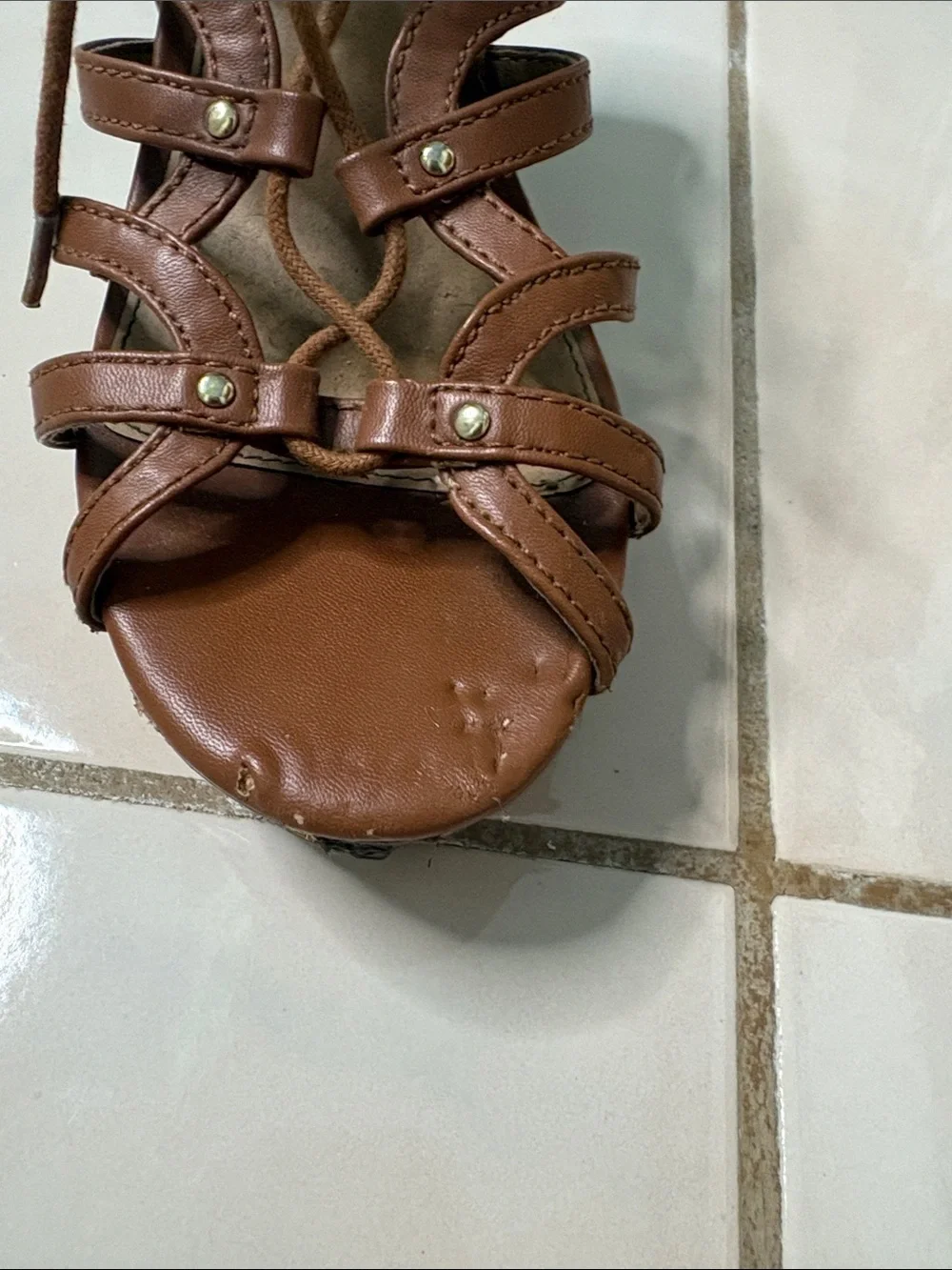 Brash Brown Lace-Up Cork Wedge Sandals. Size  8